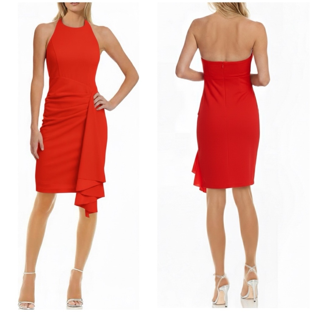 New Jewel Badgley Mischka Fiona Halter Cocktail Dress Red Orange Coral Sz 8